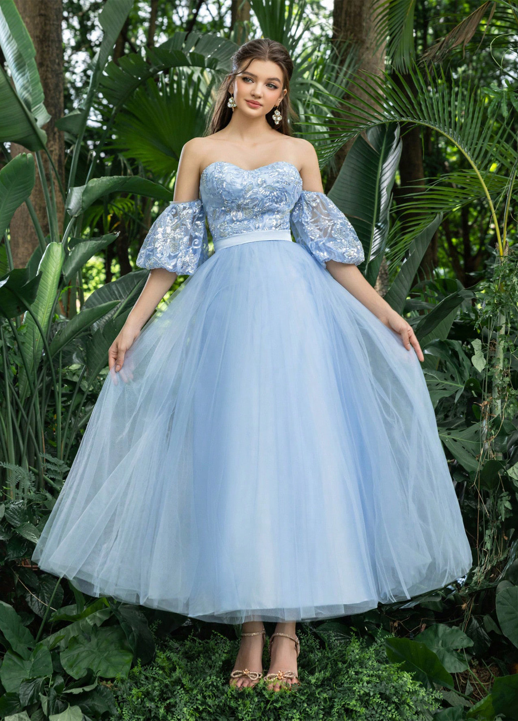 Блакитна вечірня сукня пачка, з відкритими плечима SHEIN однотонна