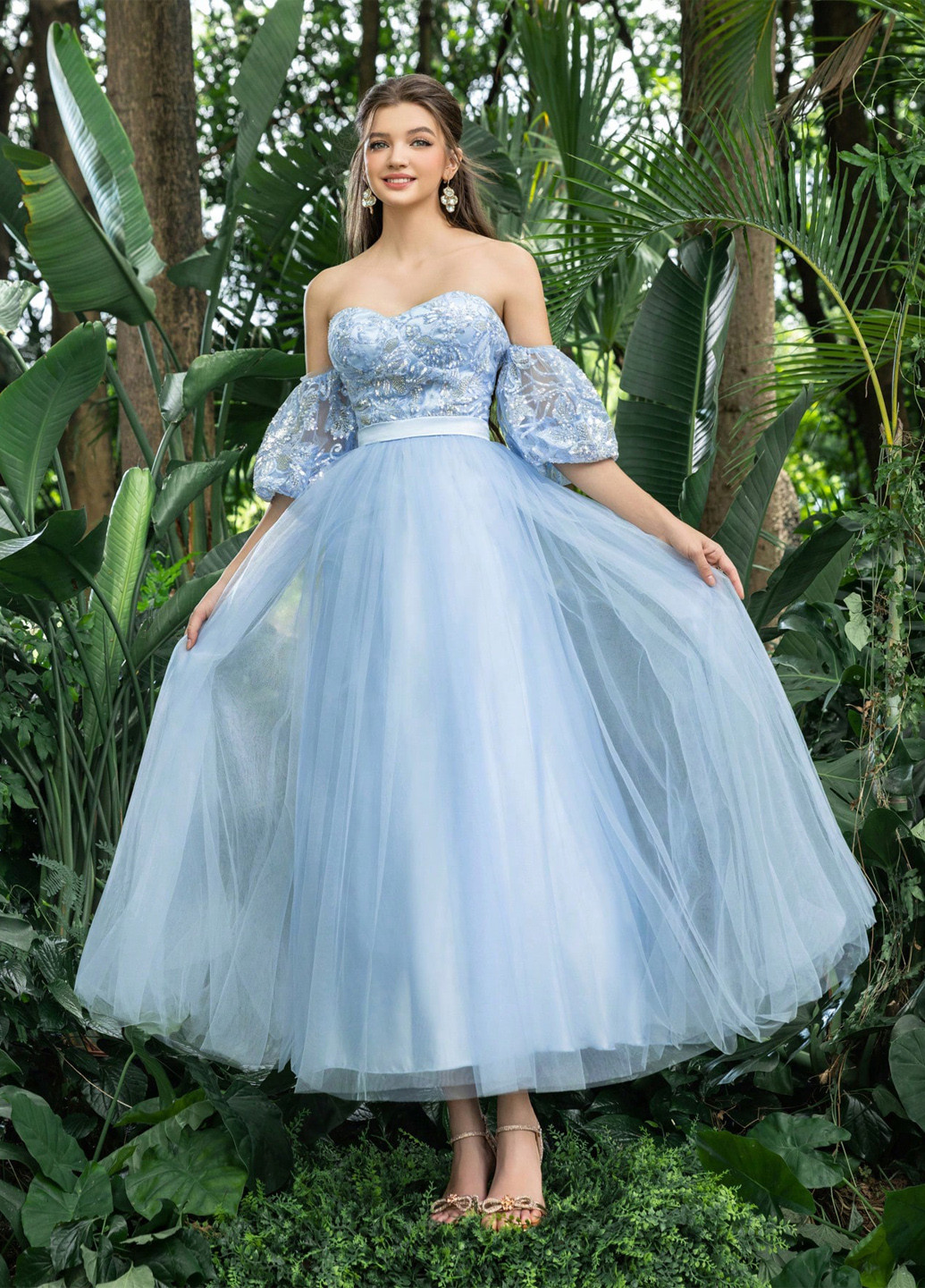 Блакитна вечірня сукня пачка, з відкритими плечима SHEIN однотонна