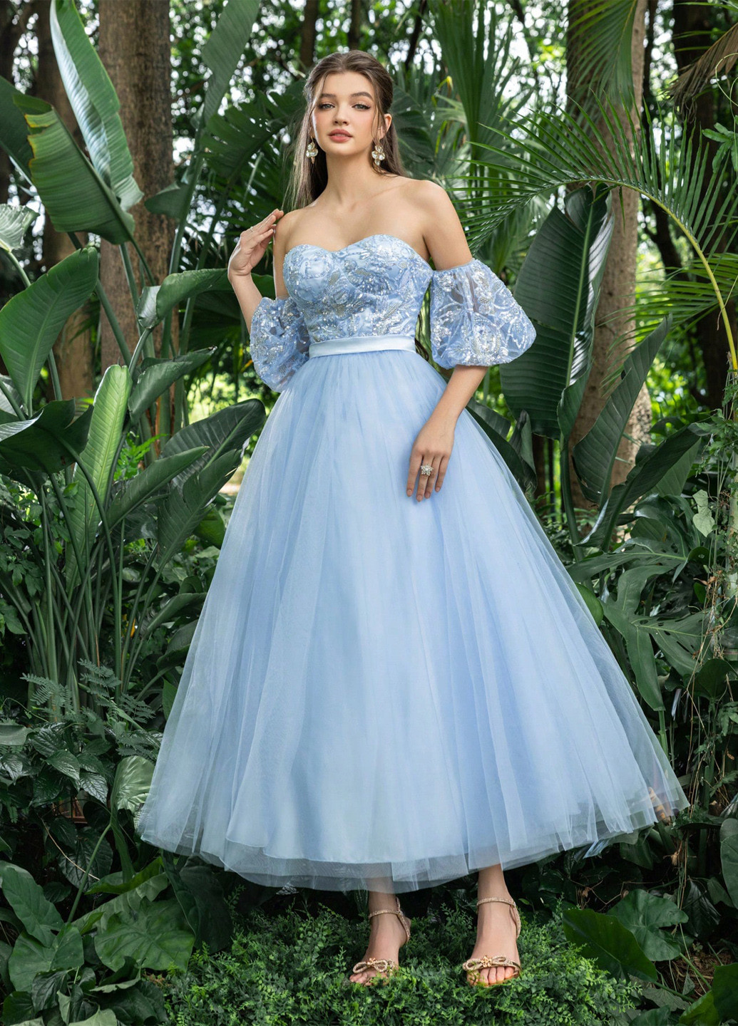 Блакитна вечірня сукня пачка, з відкритими плечима SHEIN однотонна