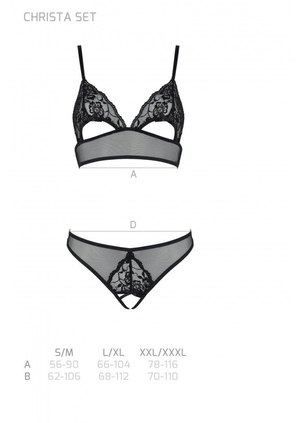 Комплект: бралет з ажурним ліфом та відкритими трусиками Christa Set with Open Bra black XXL/XXXL — Passion (255459593)