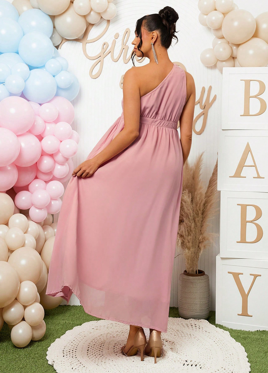 Розовое праздничный платье для беременных на одно плечо SHEIN однотонное