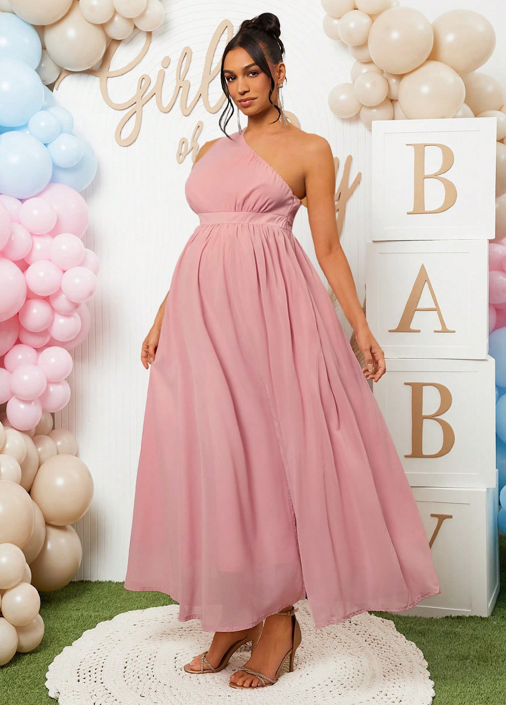 Розовое праздничный платье для беременных на одно плечо SHEIN однотонное