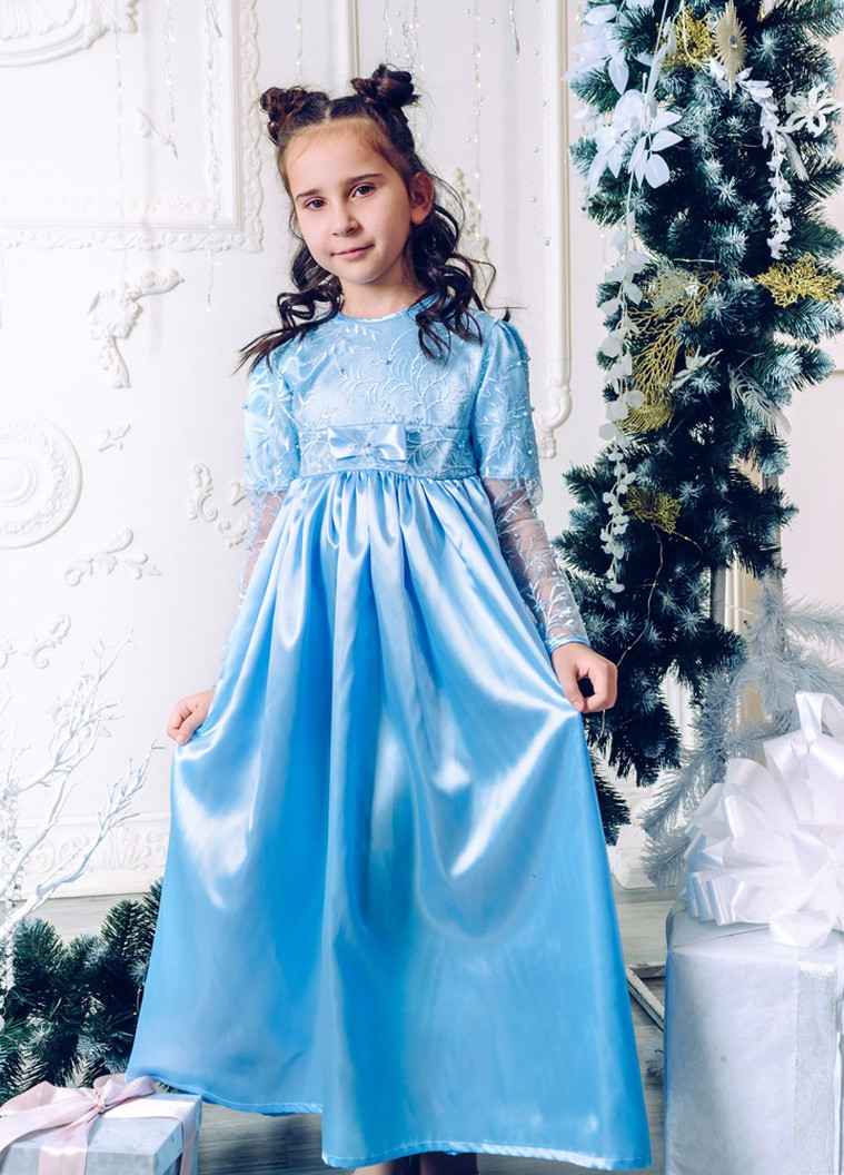 Блакитна святковий святкова мереживна сукня в підлогу для дівчинки пачка Marselin з абстрактним візерунком