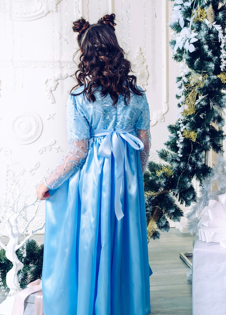 Голубое праздничный праздничное кружевное платье в пол для девочки пачка Marselin с абстрактным узором