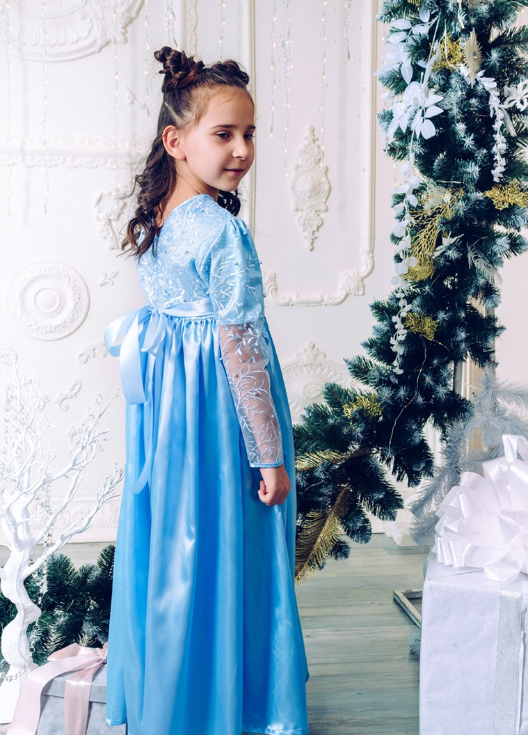 Голубое праздничный праздничное кружевное платье в пол для девочки пачка Marselin с абстрактным узором