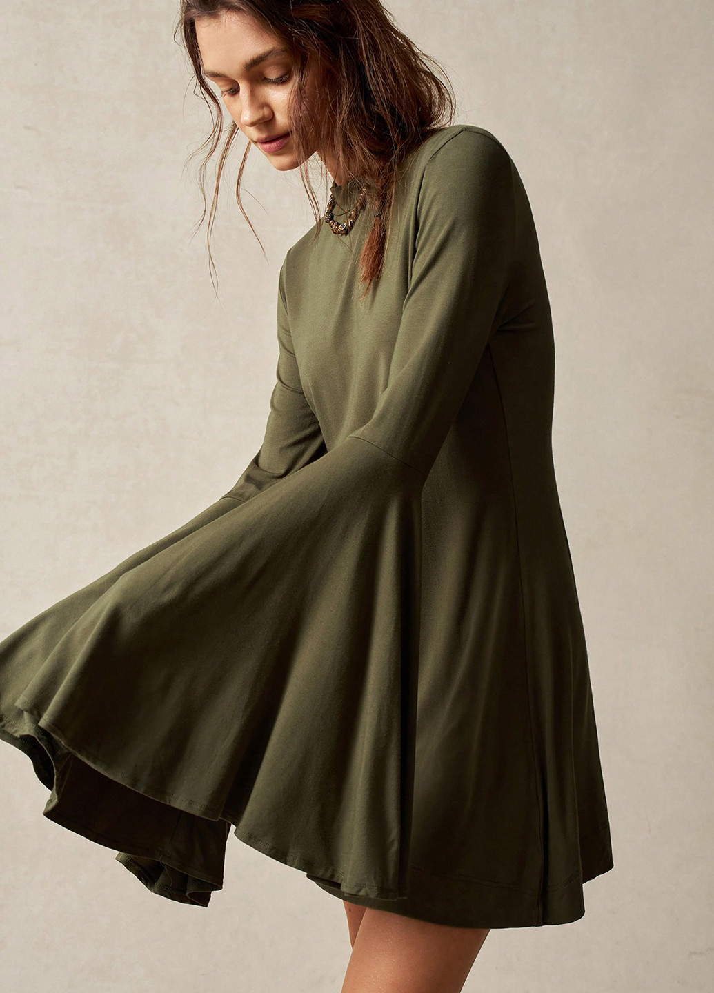 Оливковое (хаки) кэжуал платье клеш SHEIN однотонное