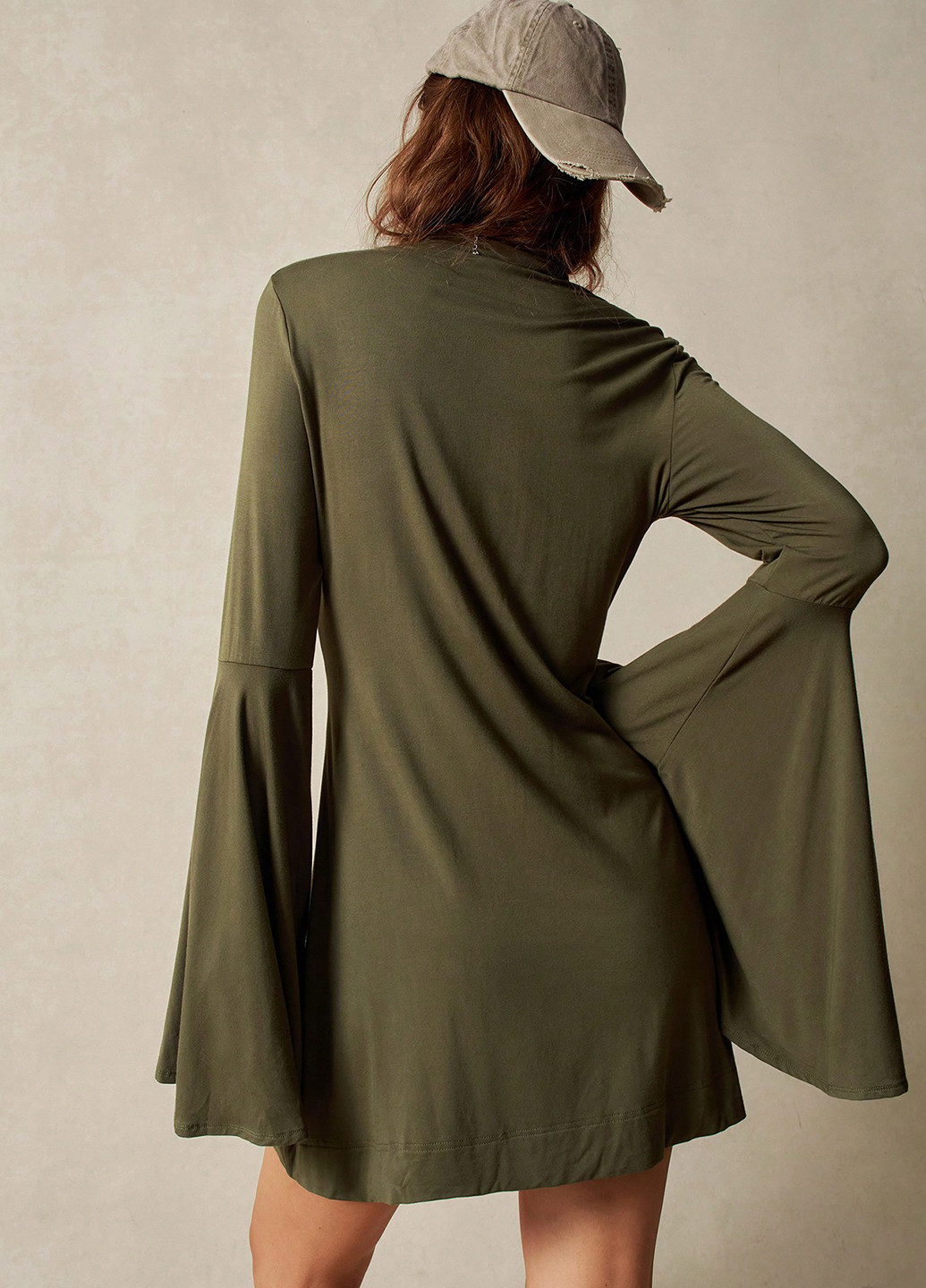 Оливковое (хаки) кэжуал платье клеш SHEIN однотонное