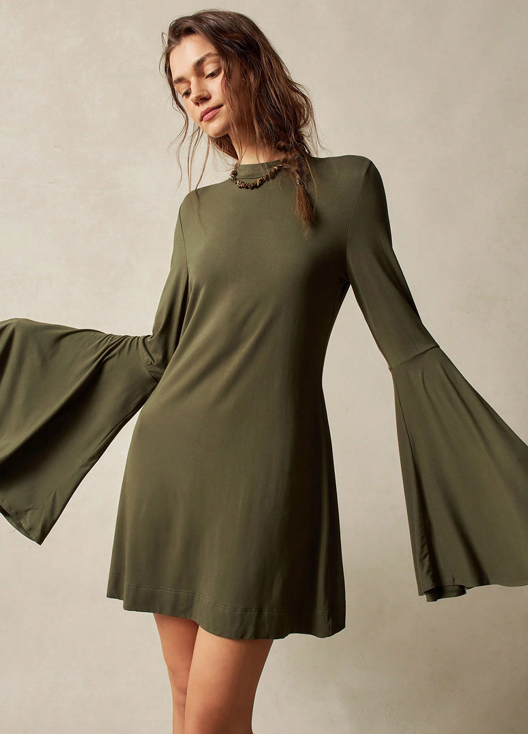 Оливковое (хаки) кэжуал платье клеш SHEIN однотонное