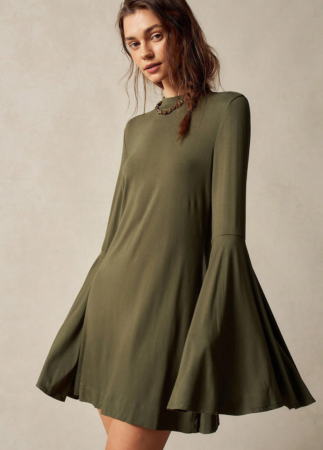 Оливковое (хаки) кэжуал платье клеш SHEIN однотонное