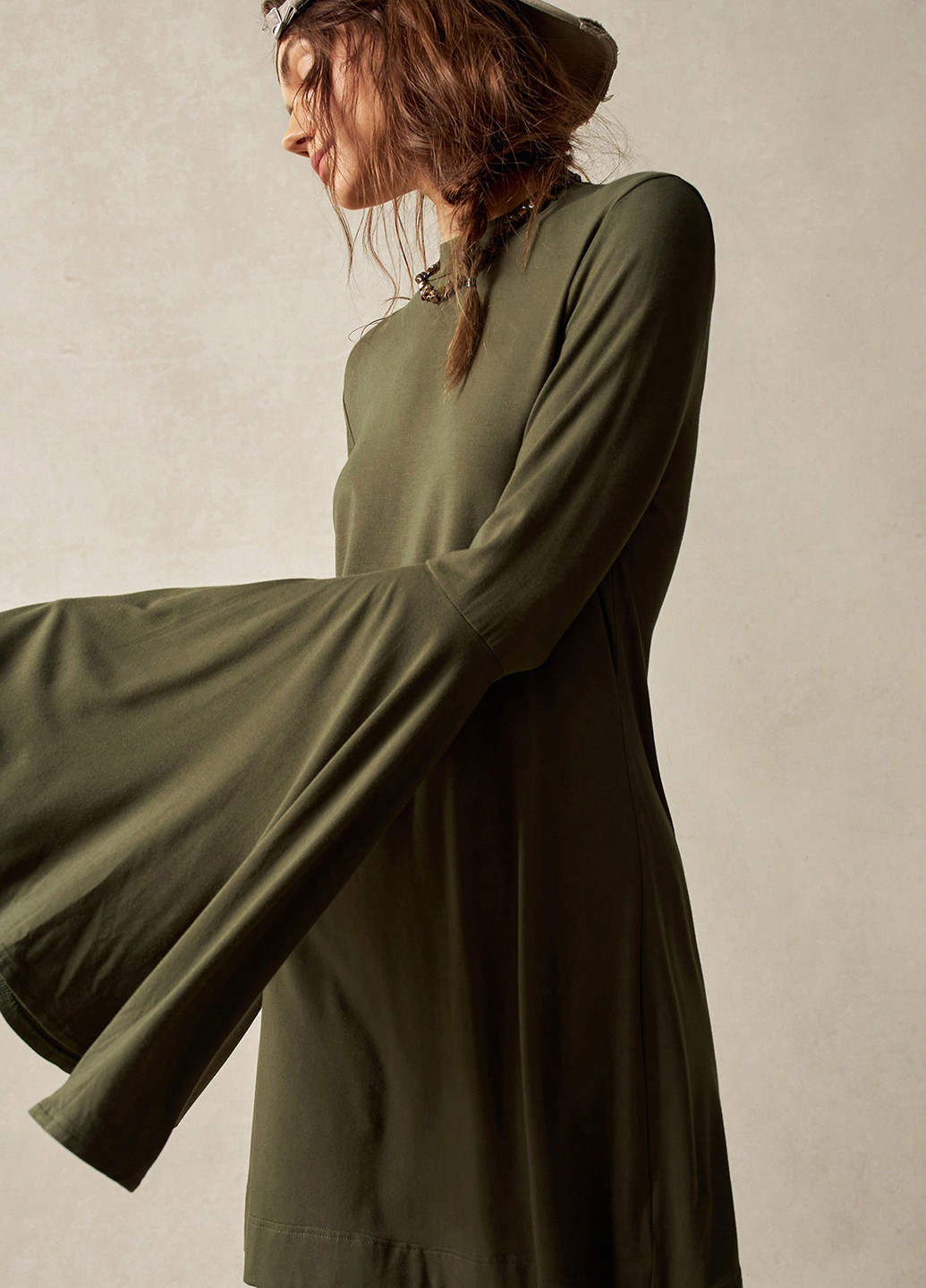 Оливковое (хаки) кэжуал платье клеш SHEIN однотонное