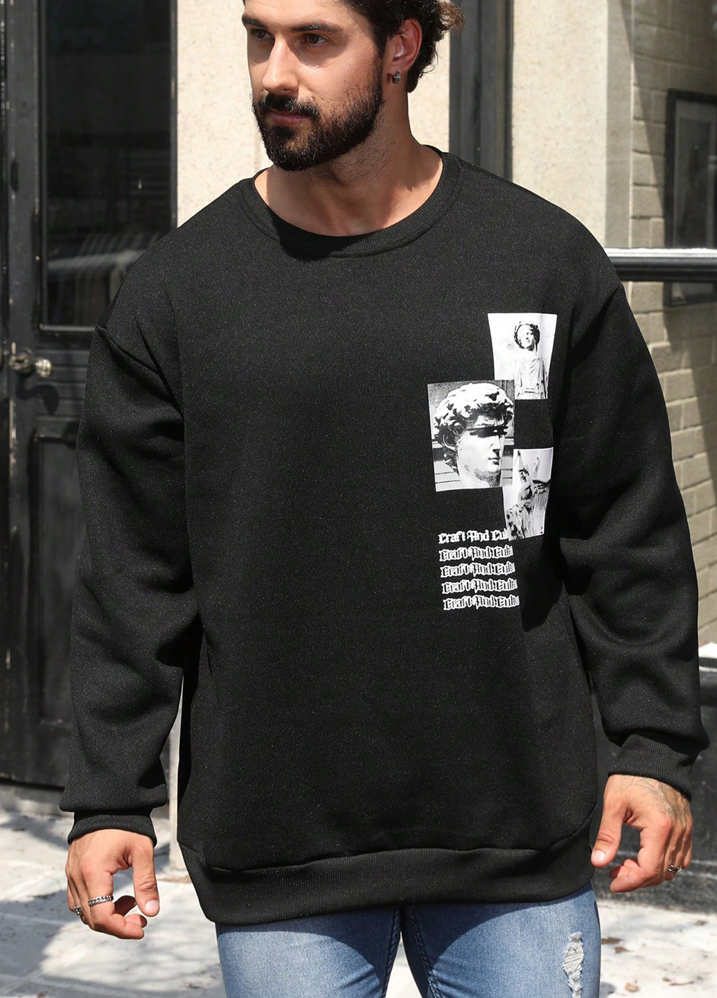 Черный свитшот SHEIN рисунок без декора (367211074)