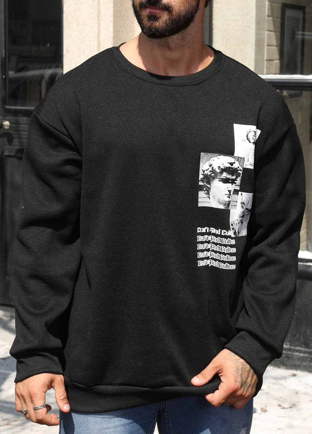 Черный свитшот SHEIN рисунок без декора (367211074)