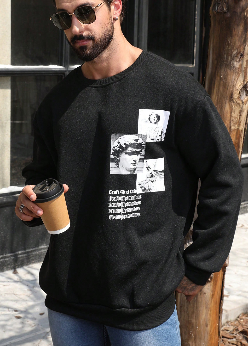 Черный свитшот SHEIN рисунок без декора (367211074)