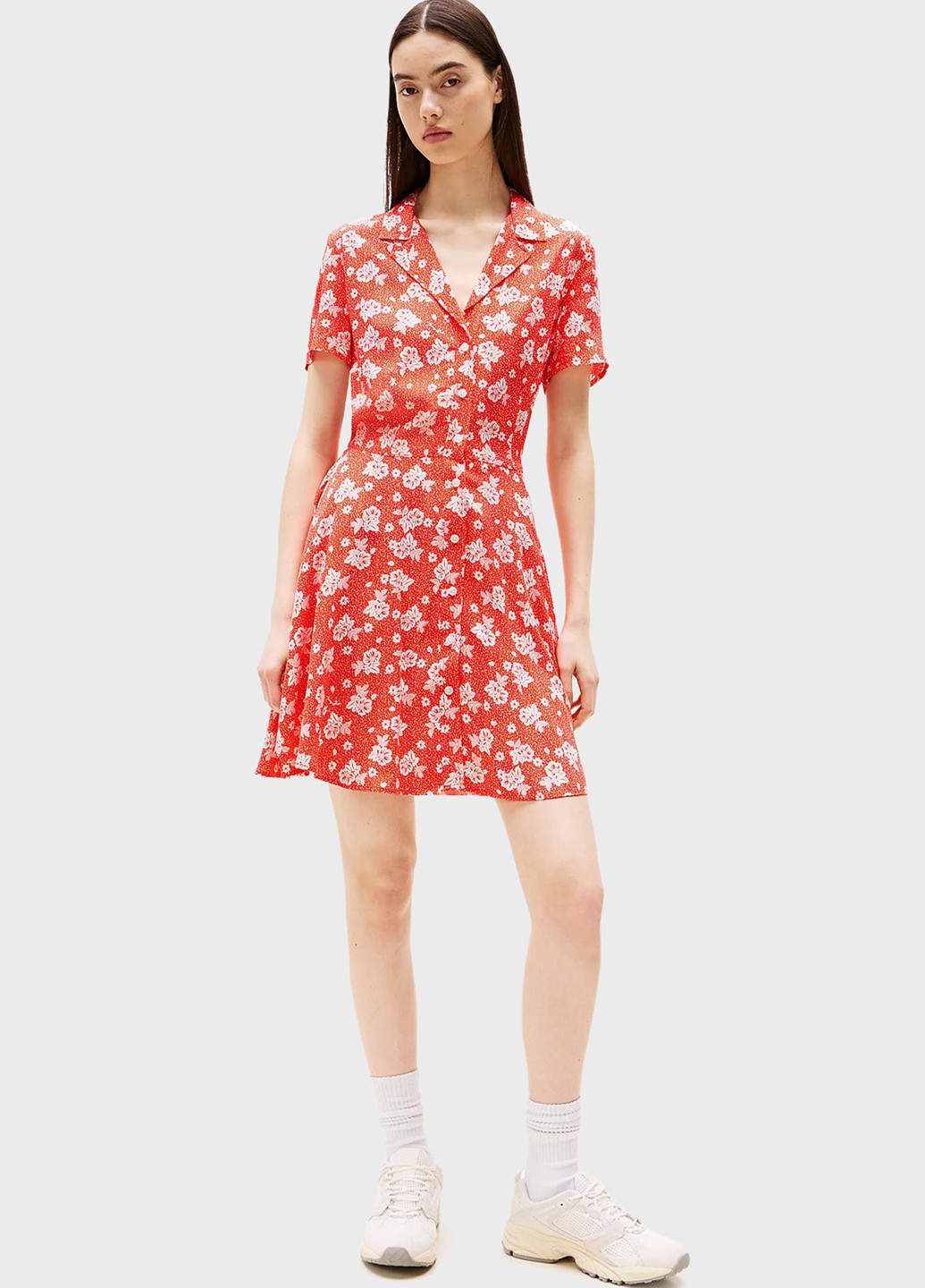 Помаранчево-червона кежуал сукня кльош, сукня-сорочка Tommy Jeans з квітковим принтом