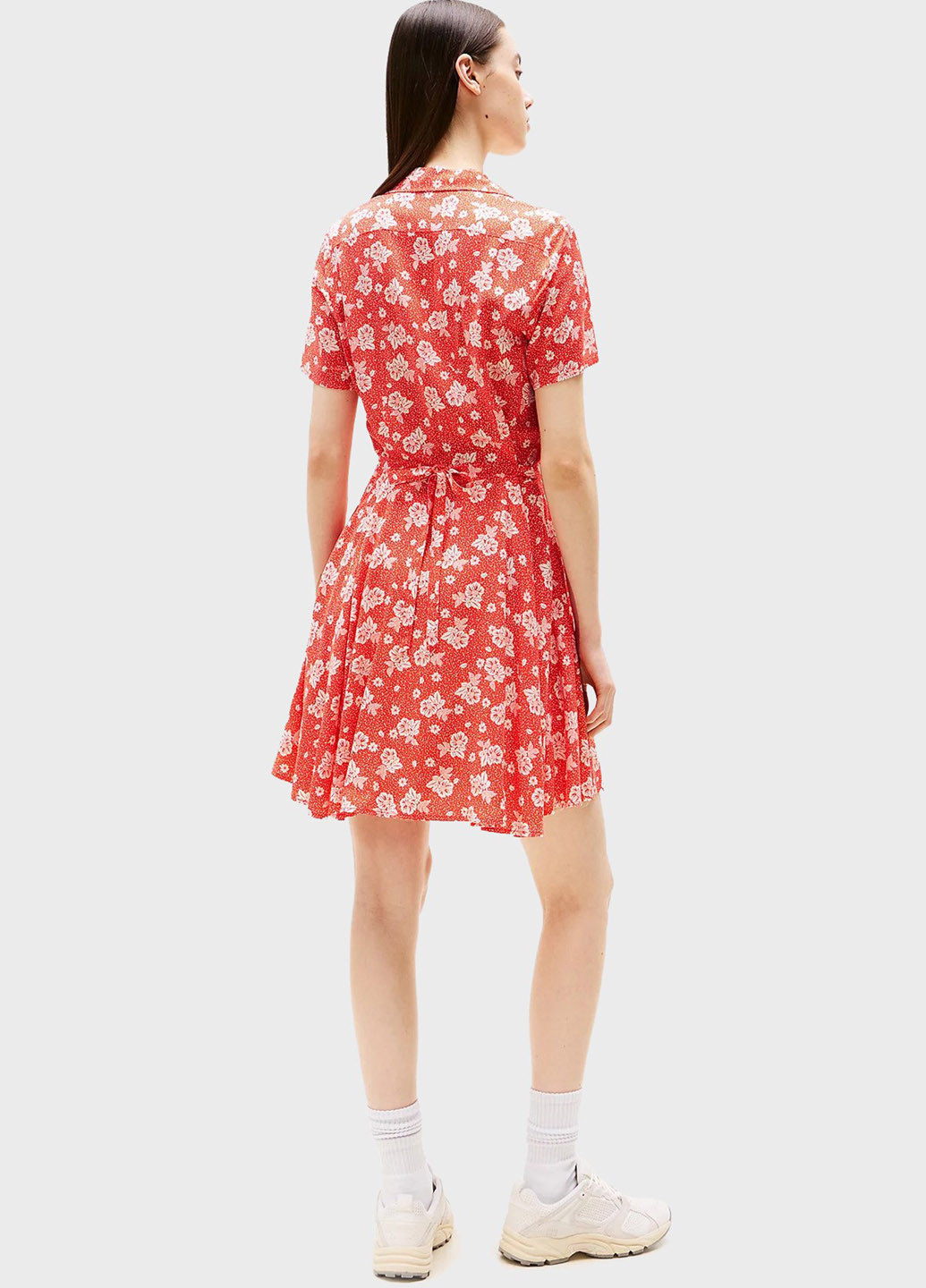 Помаранчево-червона кежуал сукня кльош, сукня-сорочка Tommy Jeans з квітковим принтом