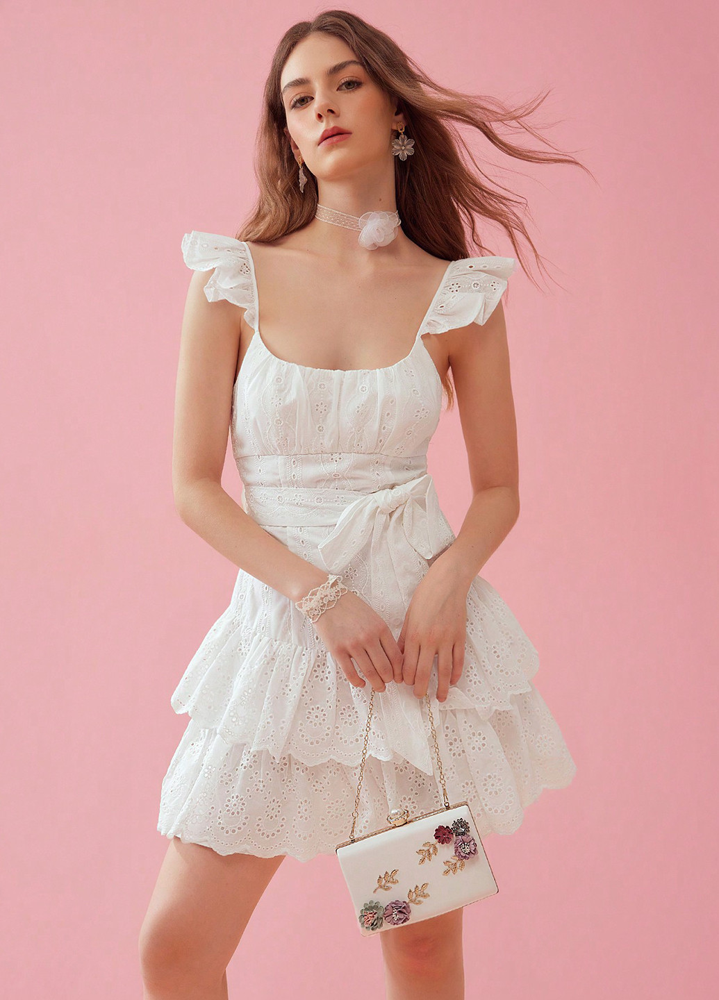 Білий святковий, кежуал сукня а-силует, бебі долл, з відкритою спиною SHEIN однотонна