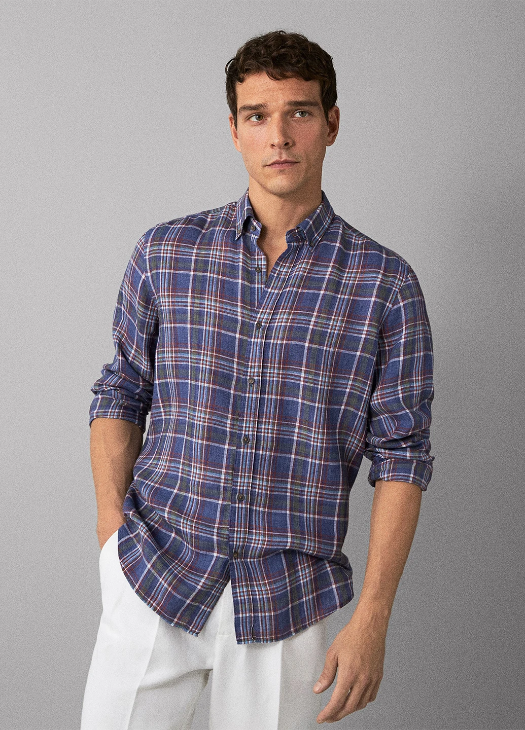 Синяя кэжуал рубашка в клетку Massimo Dutti с длинным рукавом
