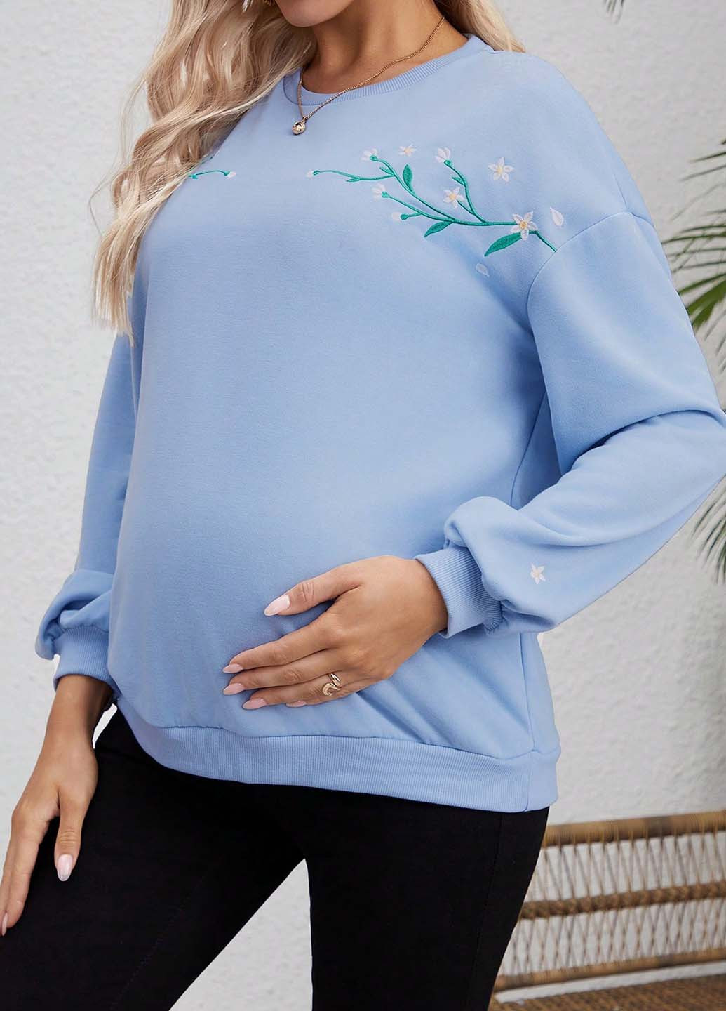 Голубой свитшот для беременных SHEIN однотонный вышивка (344466293)