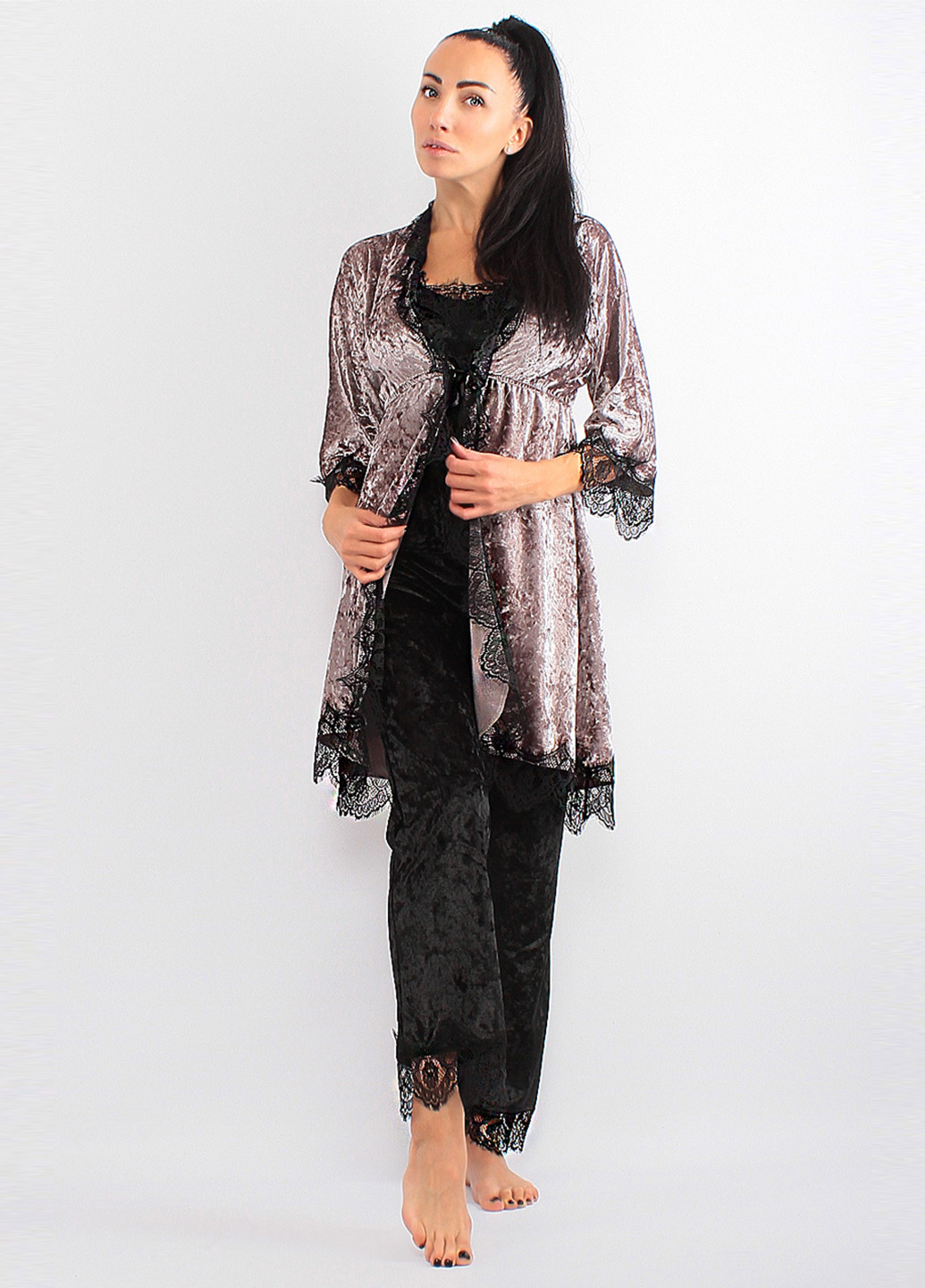 Ліловий демісезонний комплект (халат, майка, штани) Ghazel