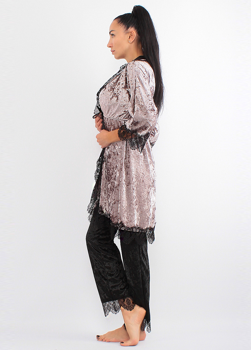 Ліловий демісезонний комплект (халат, майка, штани) Ghazel