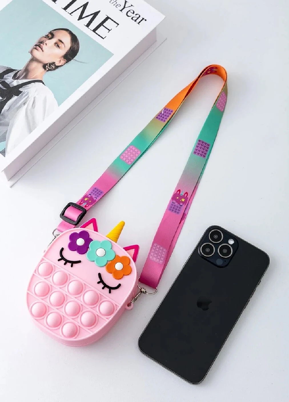 Игрушка сумка кошелек кросс-боди антистресс тыкалка Pop It Simple Dimple силиконовая 14х4х12 см (473573-Prob) Единорог розовый Unbranded (255302473)