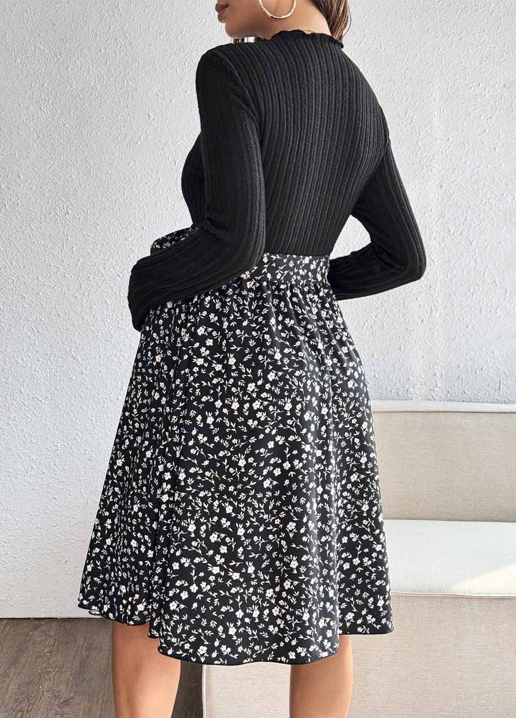 Черное кэжуал платье платье-свитер SHEIN с цветочным принтом