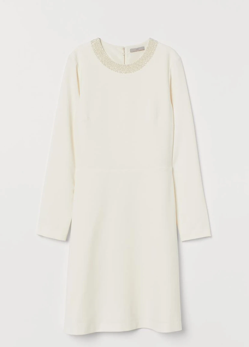 Молочное деловое платье с декором из бусин H&M однотонное