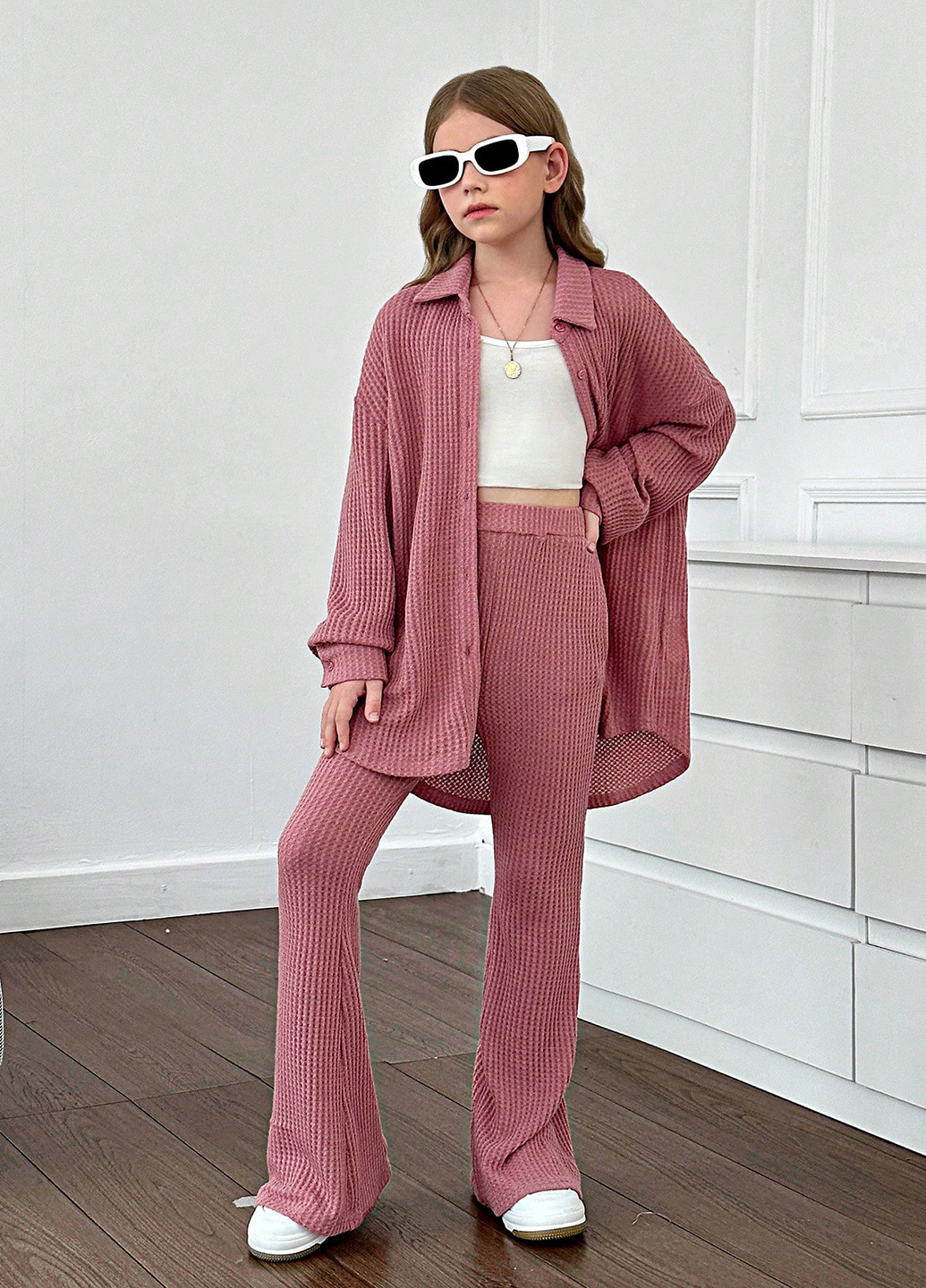 Рожево-коричневий демісезонний костюм (сорочка, штани) з сорочкою, брючний SHEIN