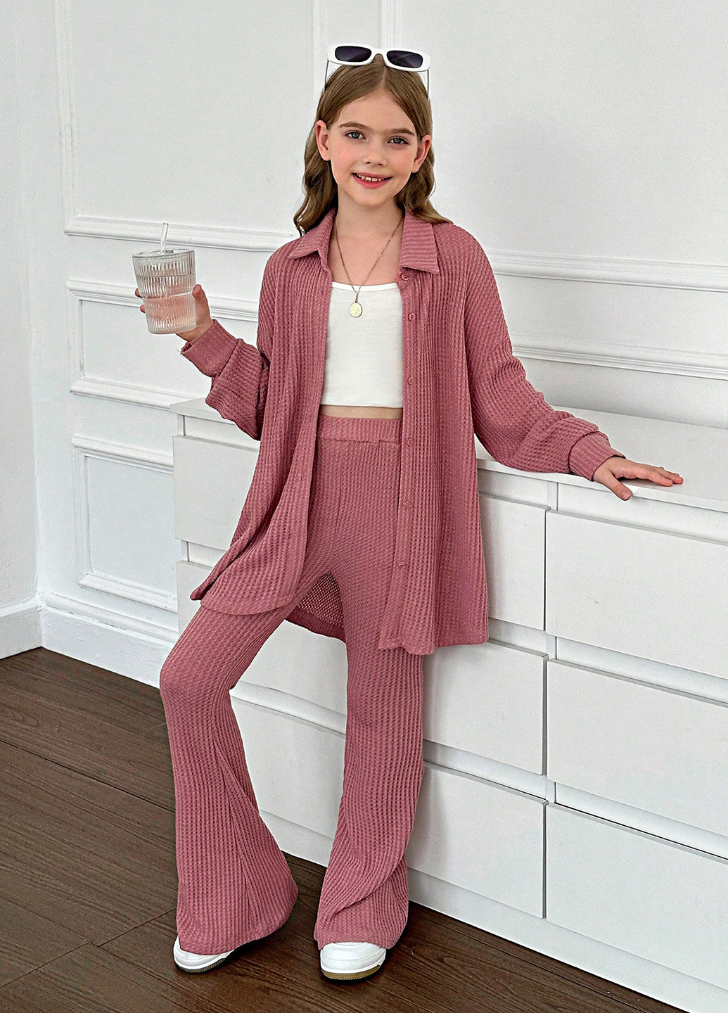 Рожево-коричневий демісезонний костюм (сорочка, штани) з сорочкою, брючний SHEIN