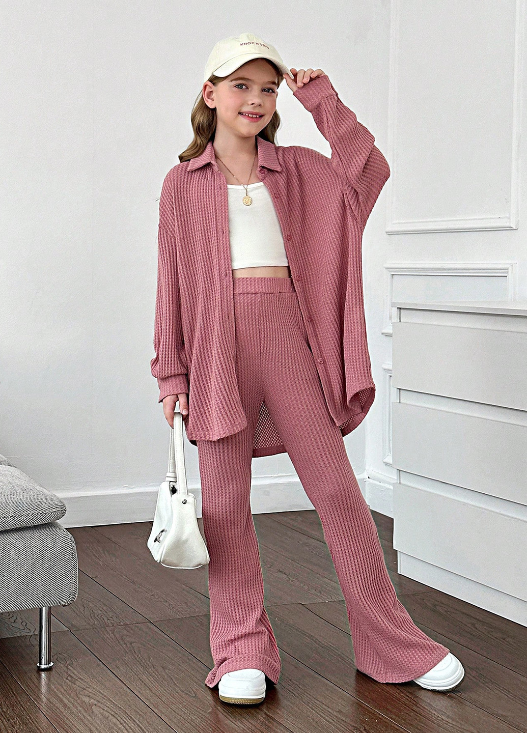 Рожево-коричневий демісезонний костюм (сорочка, штани) з сорочкою, брючний SHEIN