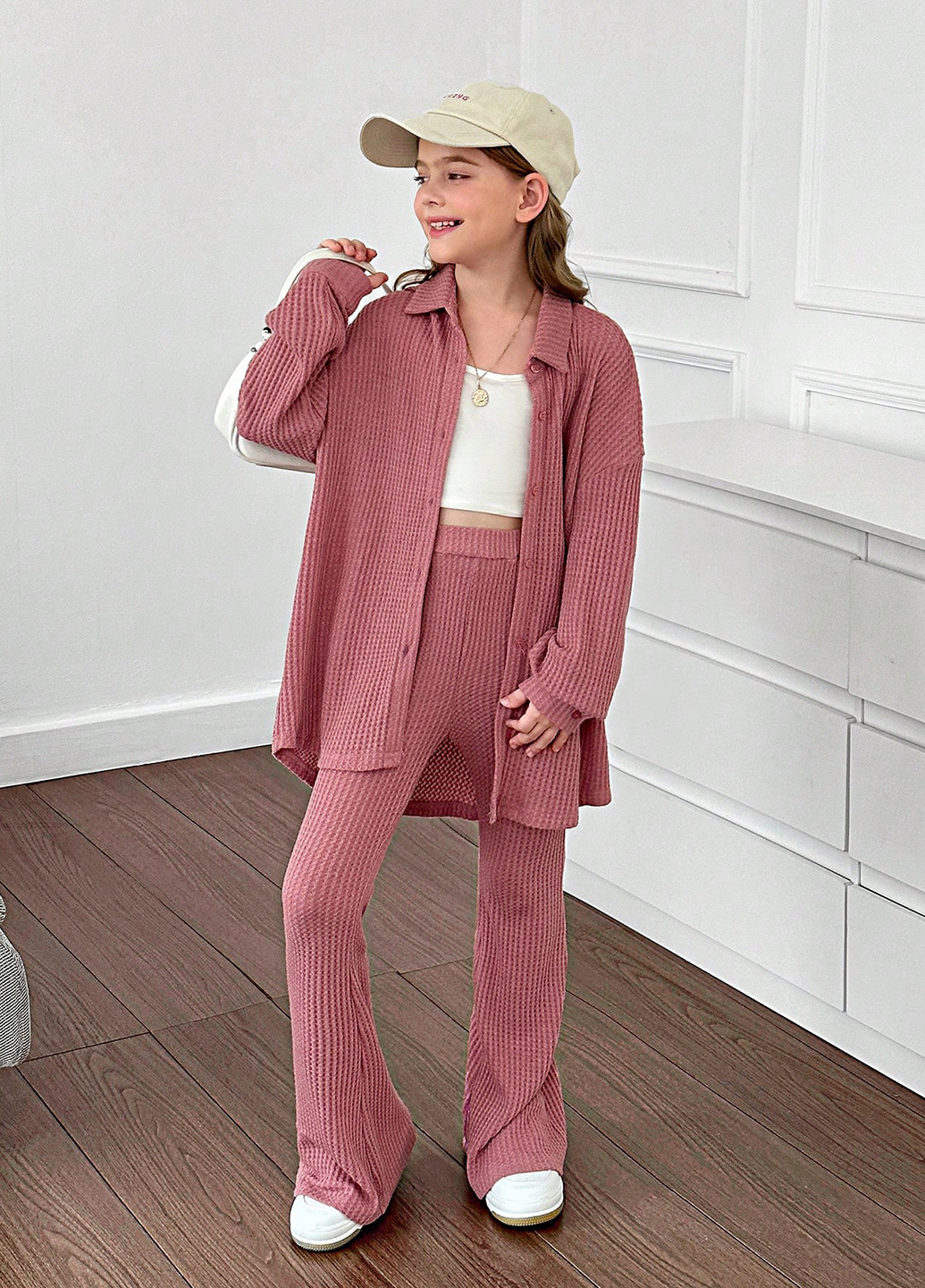 Рожево-коричневий демісезонний костюм (сорочка, штани) з сорочкою, брючний SHEIN