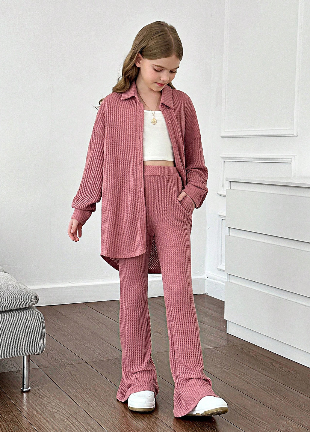 Рожево-коричневий демісезонний костюм (сорочка, штани) з сорочкою, брючний SHEIN