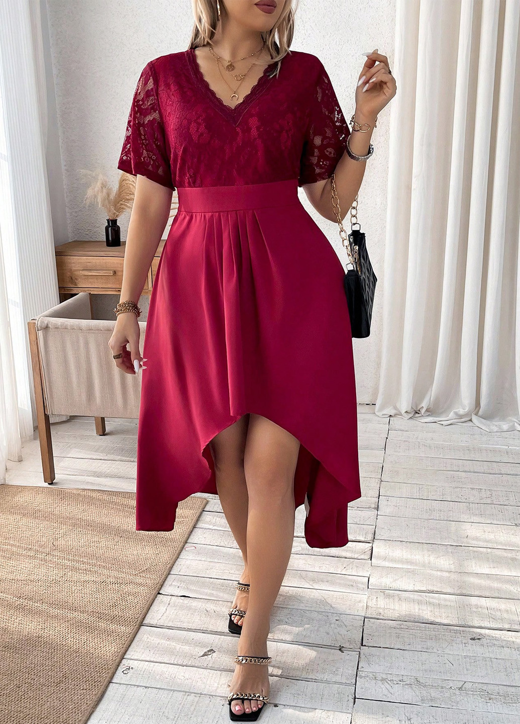 Бордовое вечернее платье клеш SHEIN однотонное