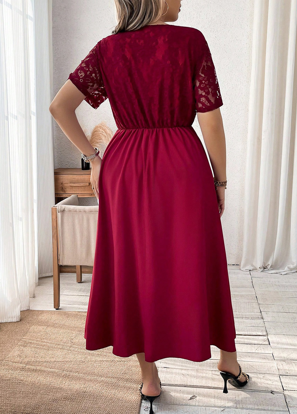 Бордовое вечернее платье клеш SHEIN однотонное