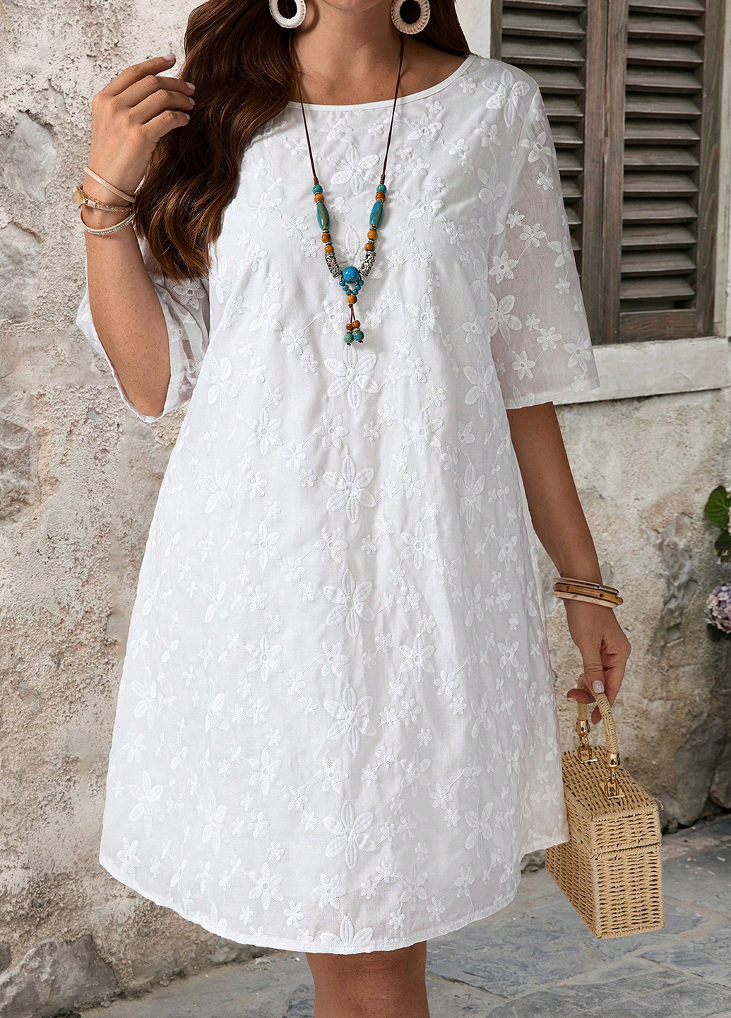 Белое кэжуал платье а-силуэт SHEIN с цветочным принтом