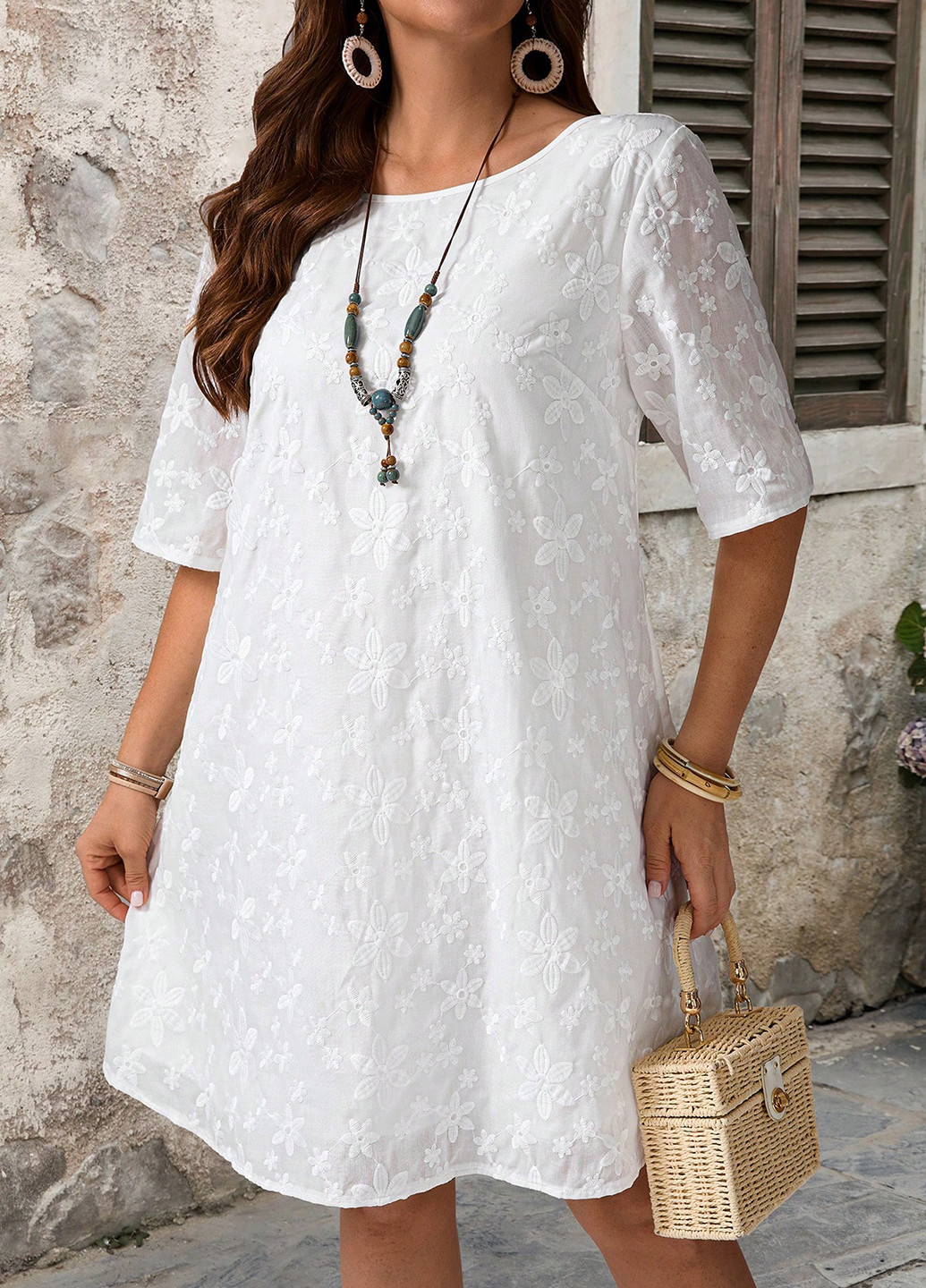 Белое кэжуал платье а-силуэт SHEIN с цветочным принтом