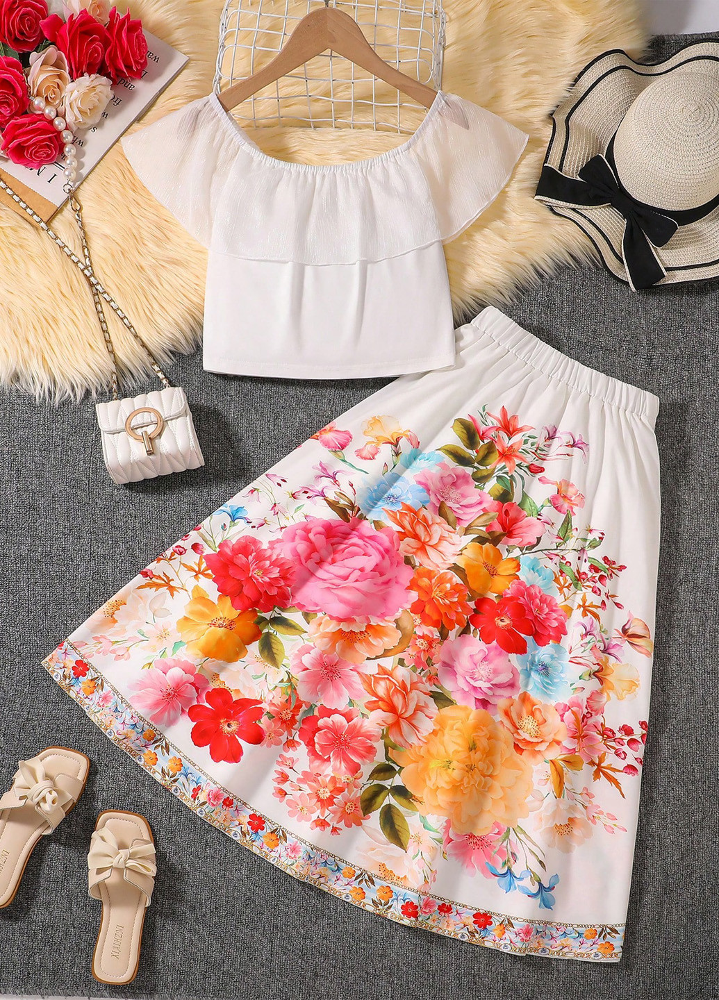 Белый летний комплект (блуза, юбка) SHEIN