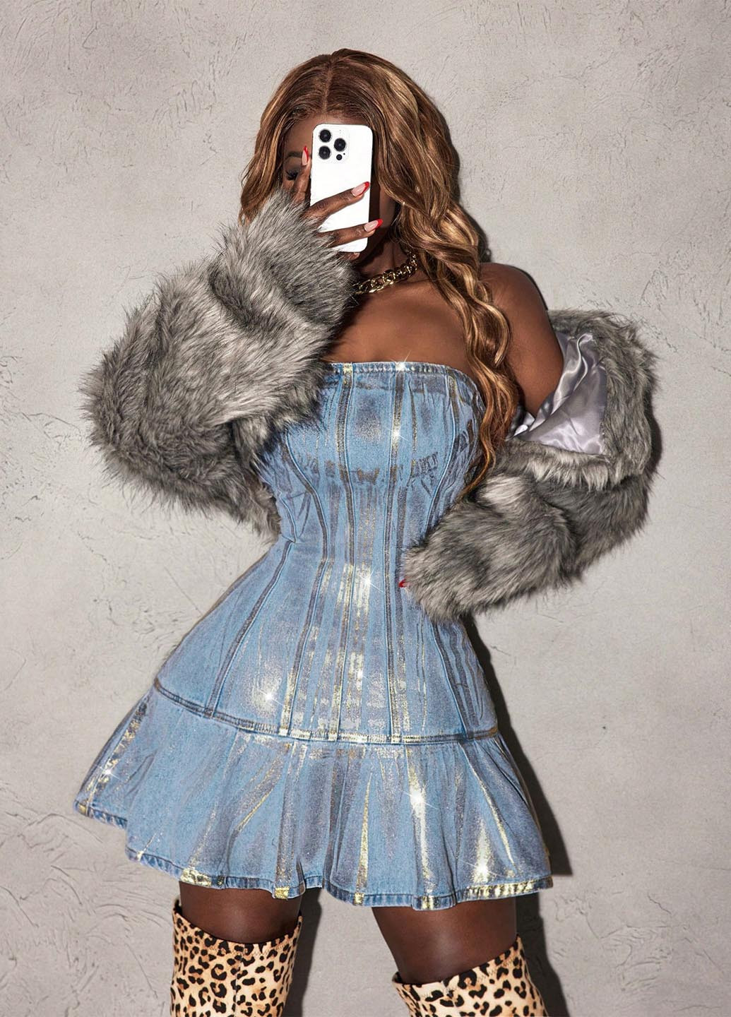 Голубое джинсовое платье клеш, бандо SHEIN