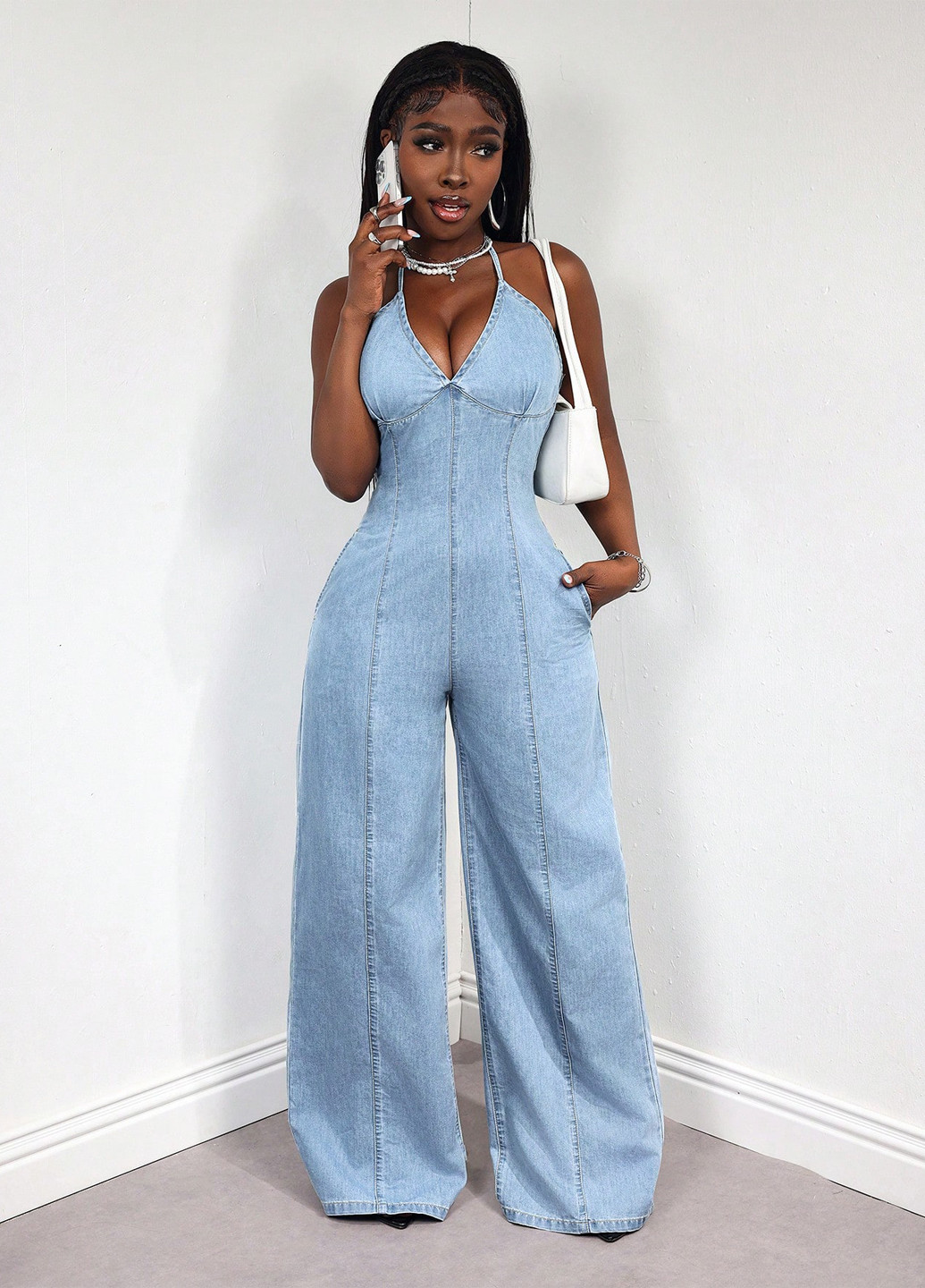 Комбінезон SHEIN комбінезон-брюки однотонний блакитний святковий, джинсовий, кежуал бавовна
