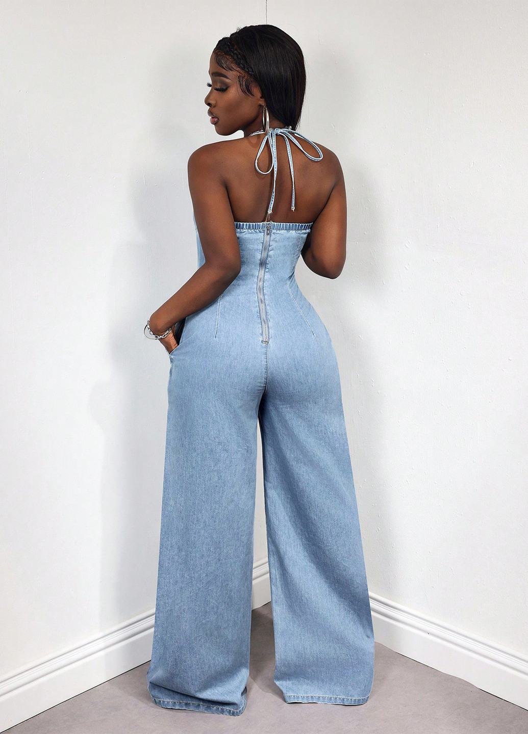 Комбінезон SHEIN комбінезон-брюки однотонний блакитний святковий, джинсовий, кежуал бавовна