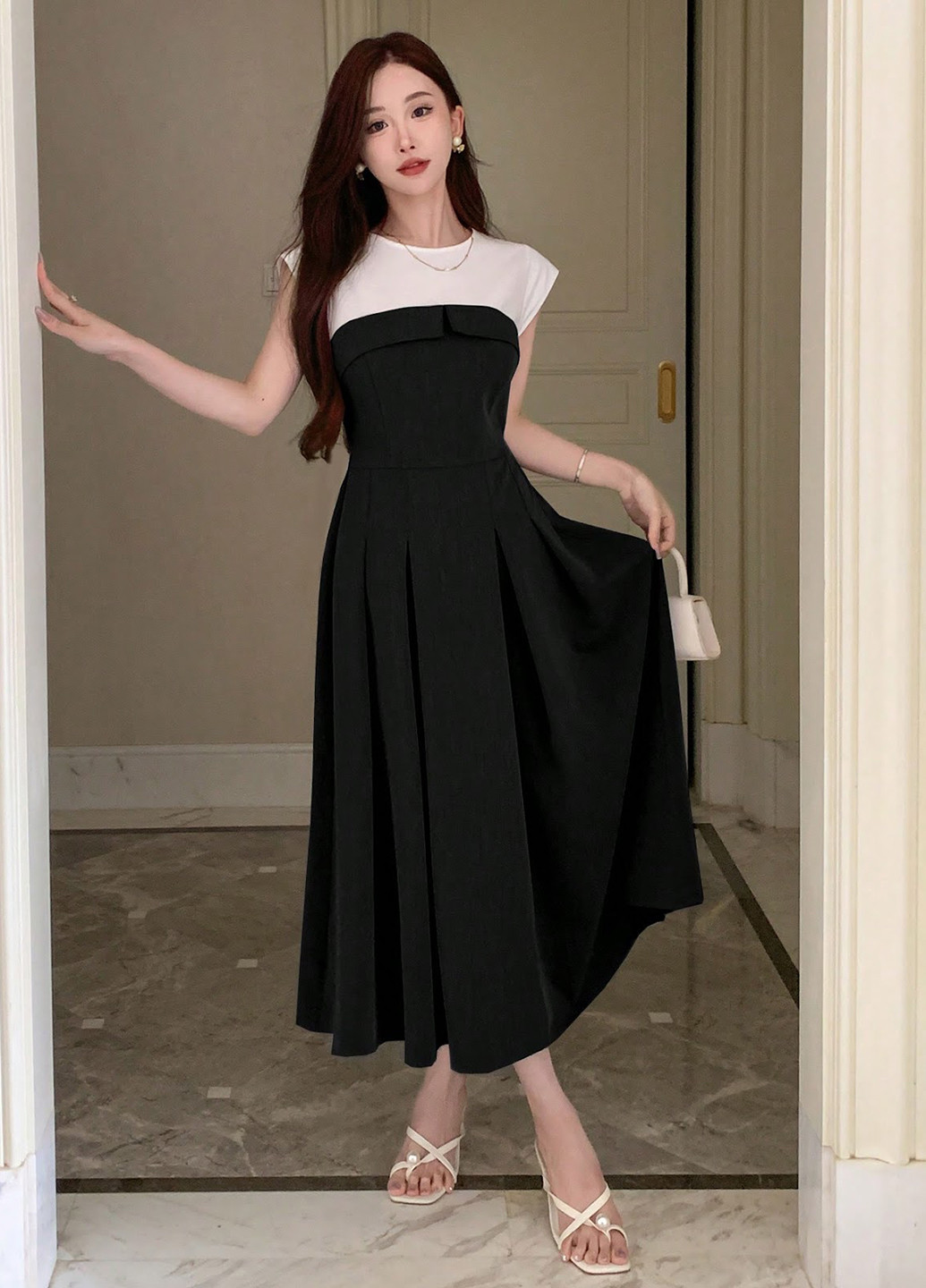 Черно-белое кэжуал платье а-силуэт SHEIN однотонное