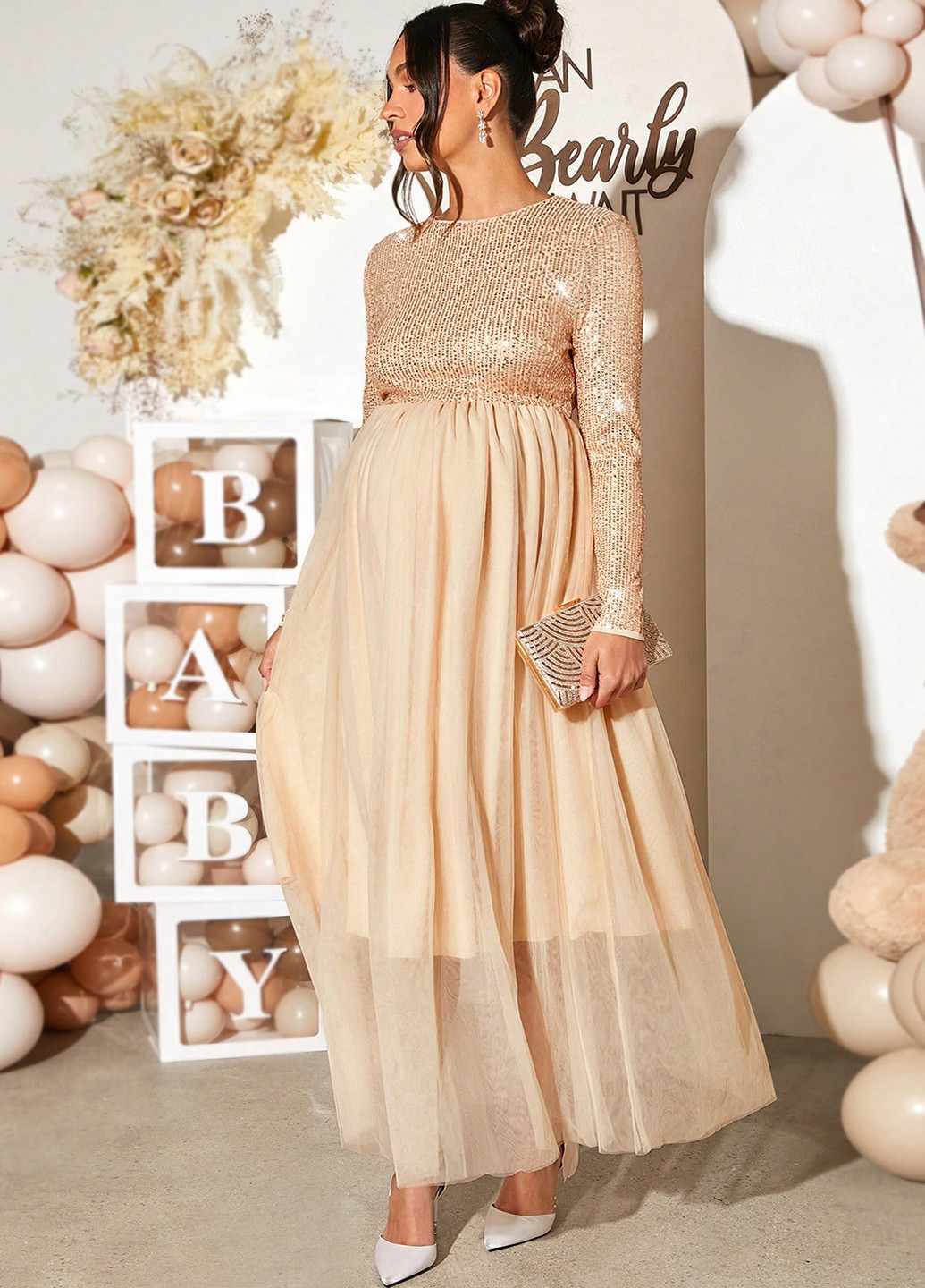 Бежева святковий, вечірня сукня для вагітних кльош SHEIN однотонна