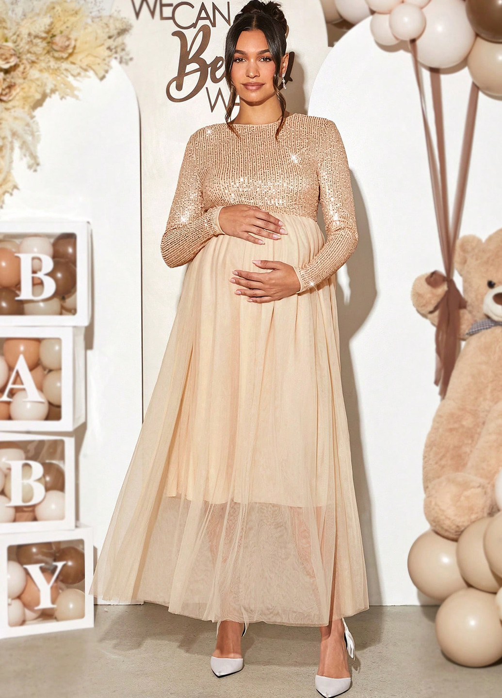 Бежева святковий, вечірня сукня для вагітних кльош SHEIN однотонна