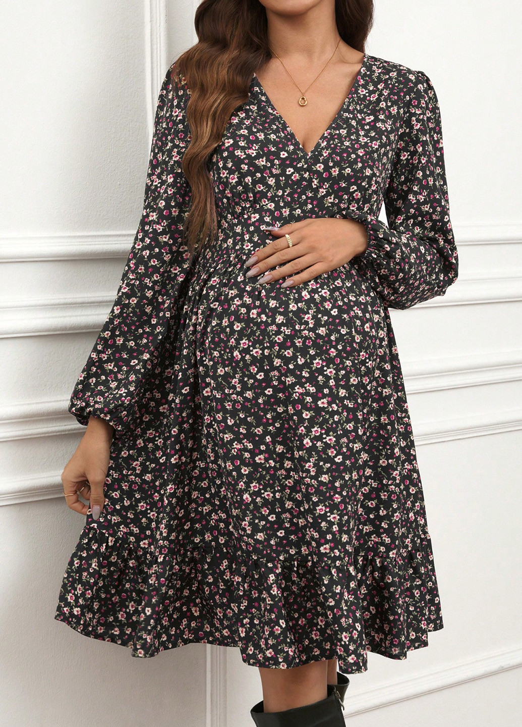 Черное кэжуал платье для беременных с юбкой-солнце, в стиле ампир SHEIN с цветочным принтом