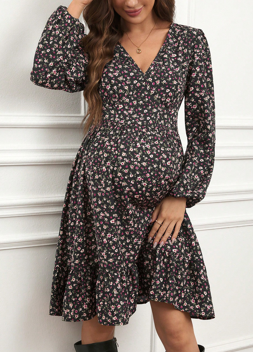 Черное кэжуал платье для беременных с юбкой-солнце, в стиле ампир SHEIN с цветочным принтом