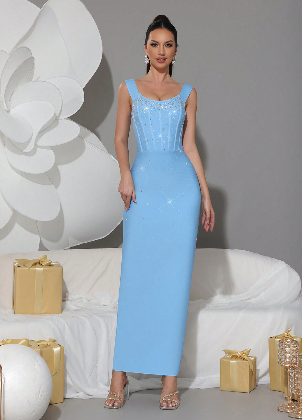 Голубое праздничный, вечернее платье силуэтная, с корсетом, с открытыми плечами SHEIN однотонное