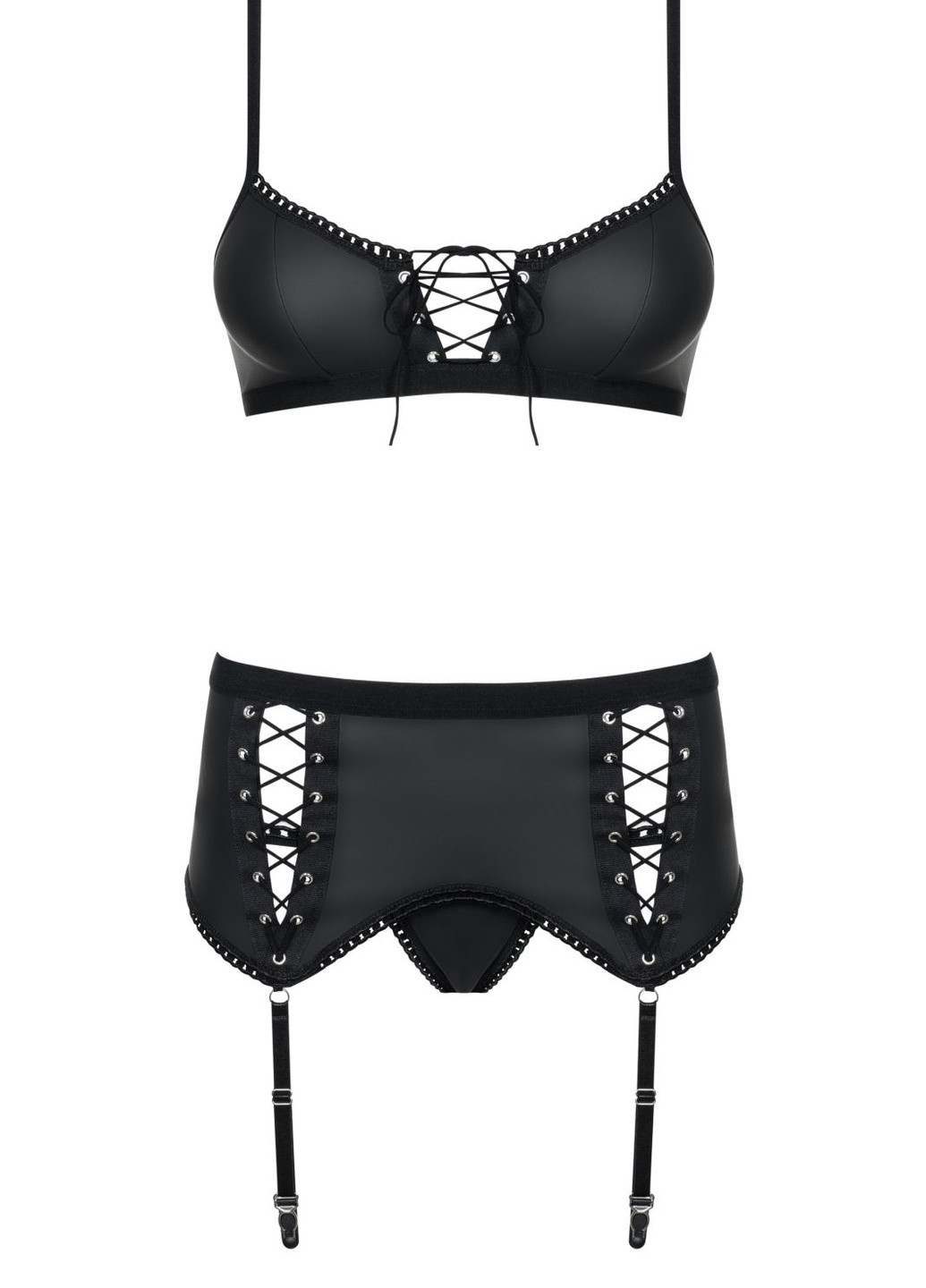 Чорний демісезонний комплект білизни (ліф, стрінги, пояс) Obsessive