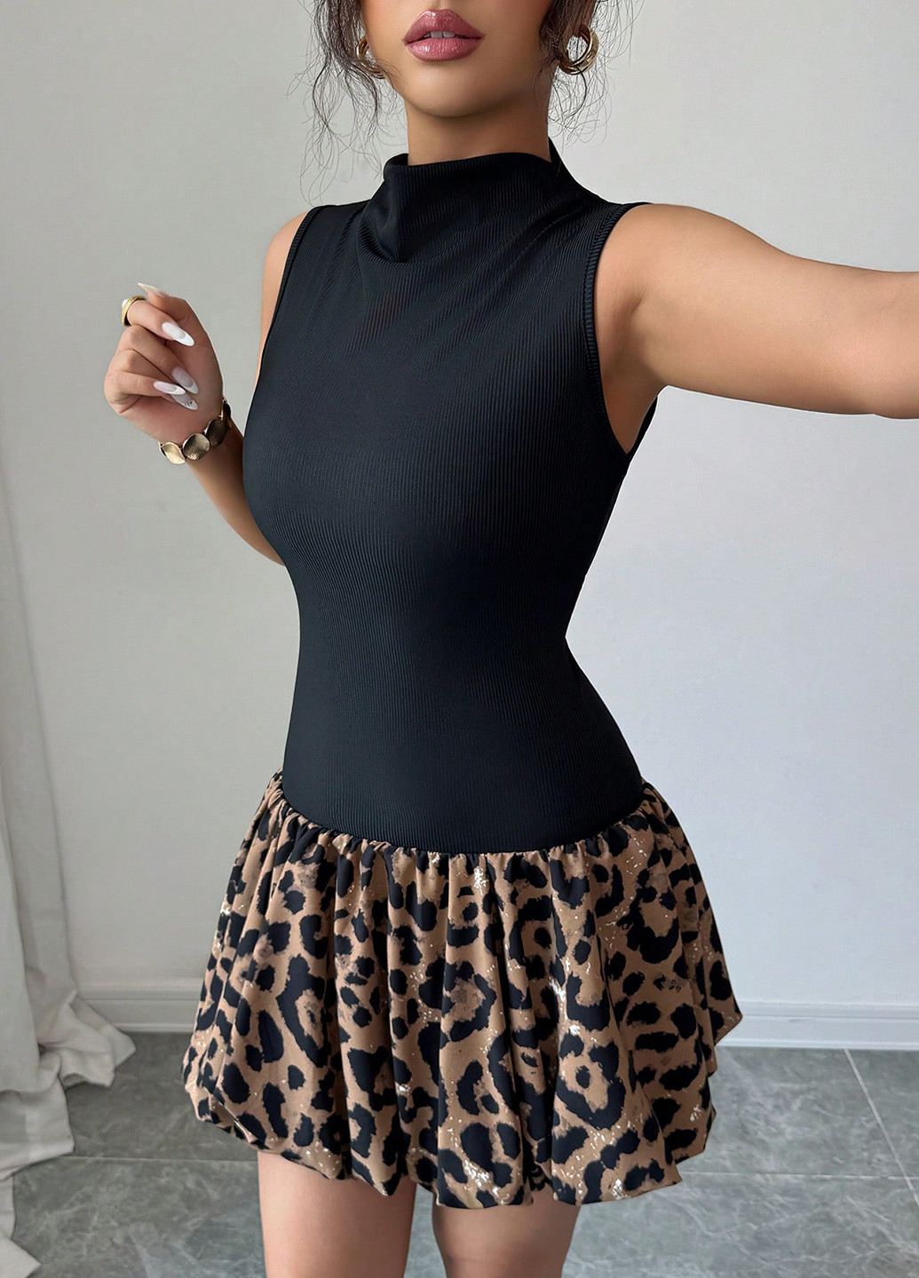 Черное вечернее, кэжуал платье баллон SHEIN леопардовый