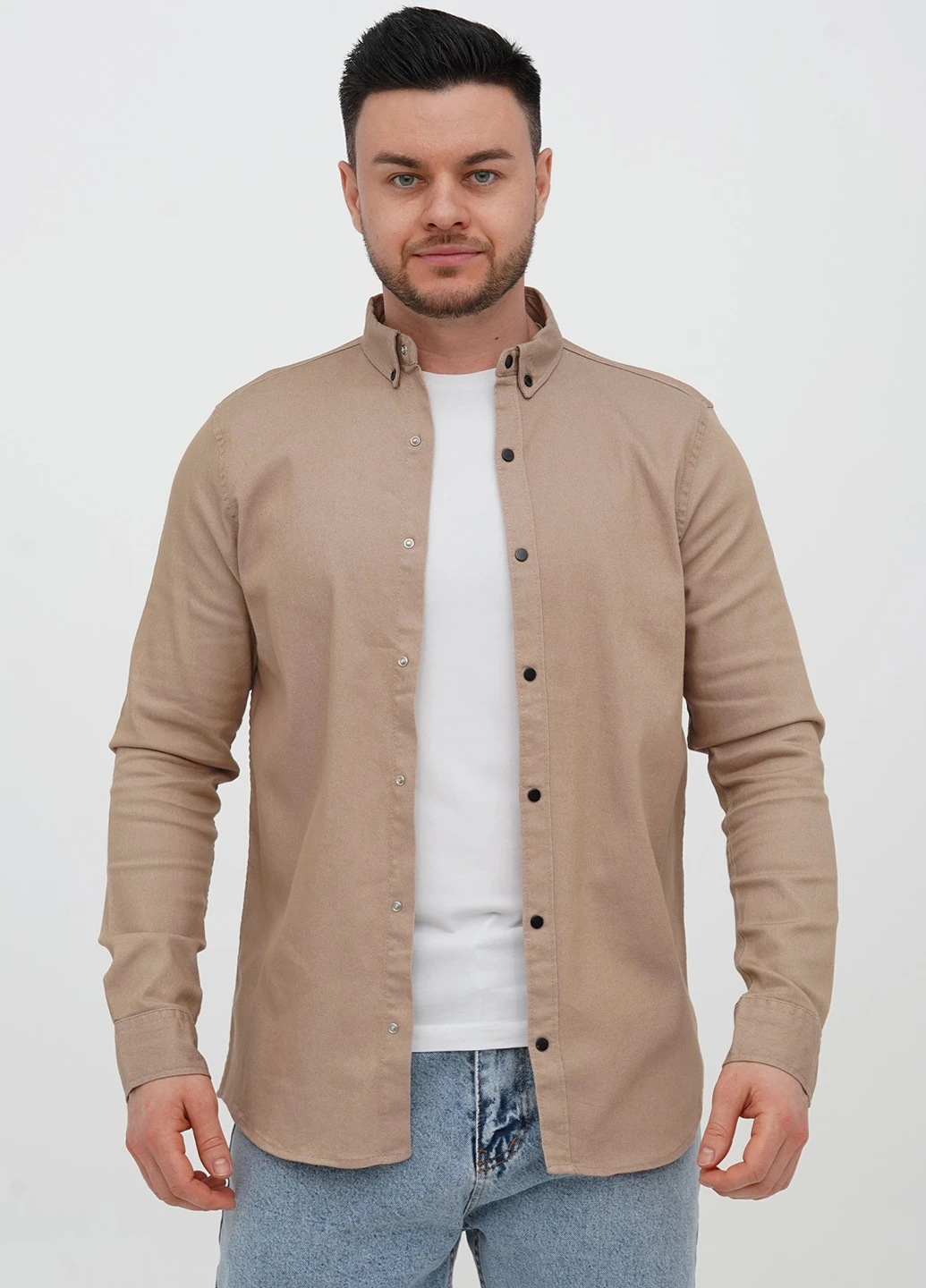 Темно-бежевая джинсовая, кэжуал рубашка однотонная Trend Collection
