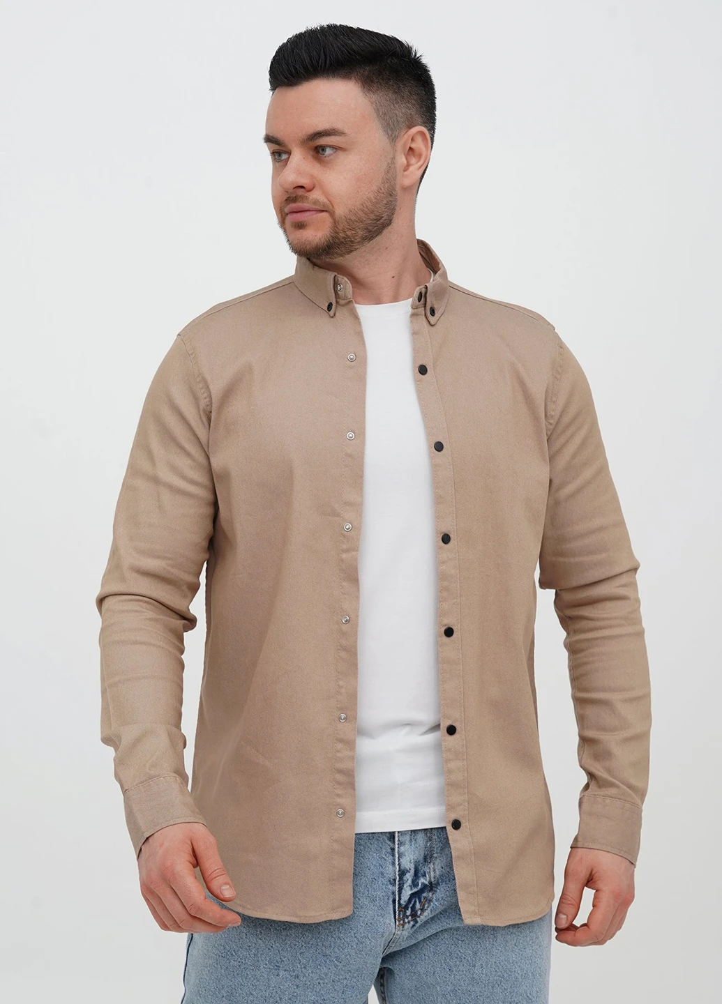 Темно-бежевая джинсовая, кэжуал рубашка однотонная Trend Collection